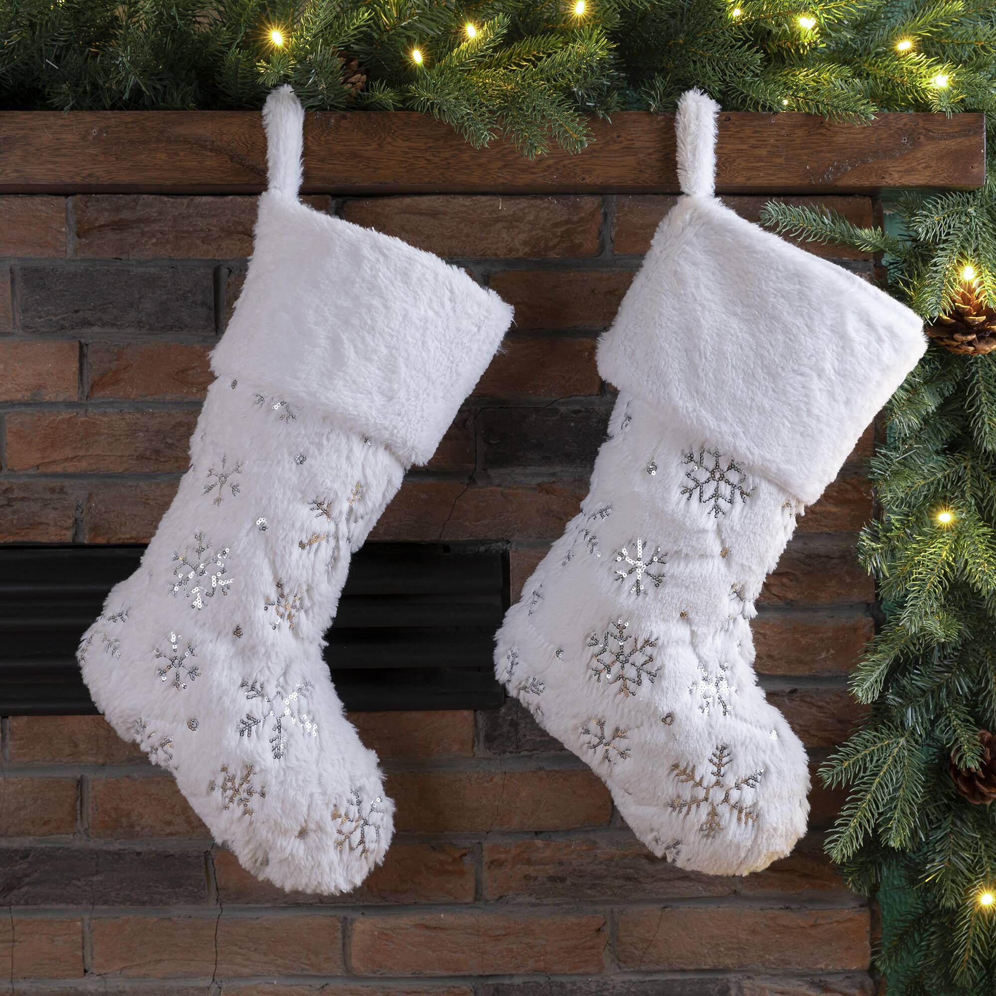Glitzhome® 21" White Plush with Snowflake Christmas Stocking, 2ct.
